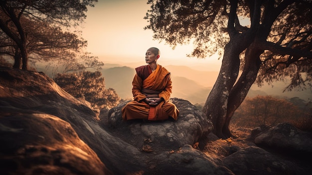 Photo a man sits on a rock in front of a tree with the sun behind him