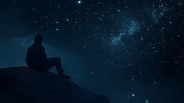 a man sits on a rock looking at a star filled sky