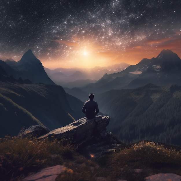 A man sits on a rock looking at the stars at night.