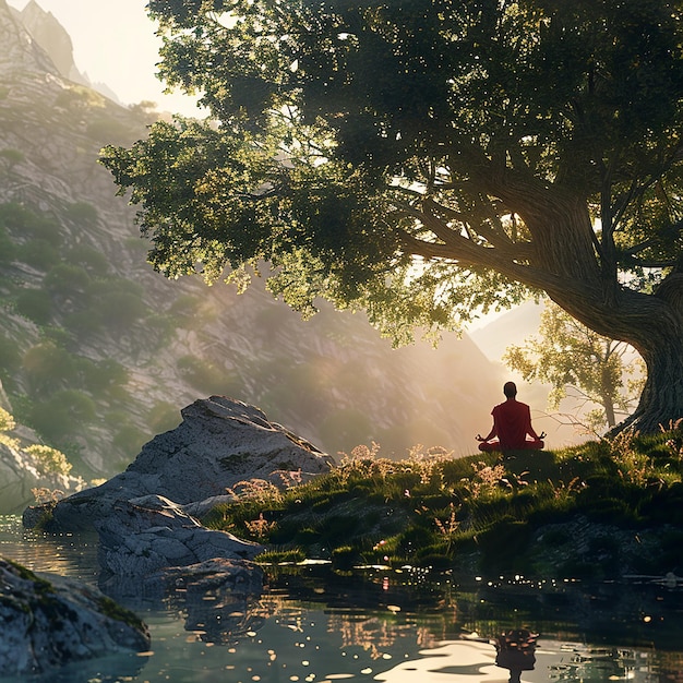 a man sits on a rock near a river with a tree in the background