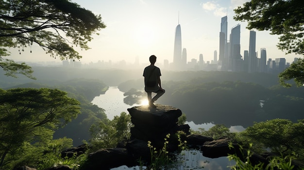 a man sits on a rock overlooking a city.