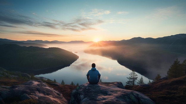 a man sits on a rock overlooking a lake and mountains in the background