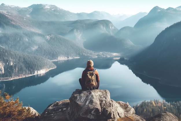 A man sits on a rock overlooking a lake and mountains.