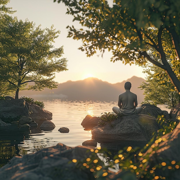 Photo a man sits on a rock overlooking a lake with trees and mountains in the background