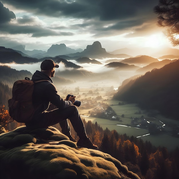 a man sits on a rock overlooking a valley and a mountain with a backpack that says quot the valley q