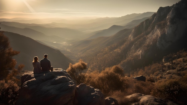 A man sits on a rock overlooking a valley with the sun setting behind him.