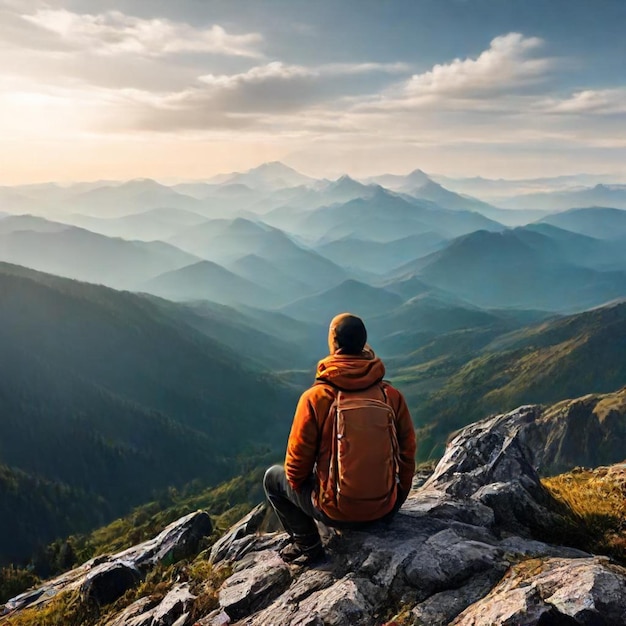 a man sits on a rock overlooking a valley