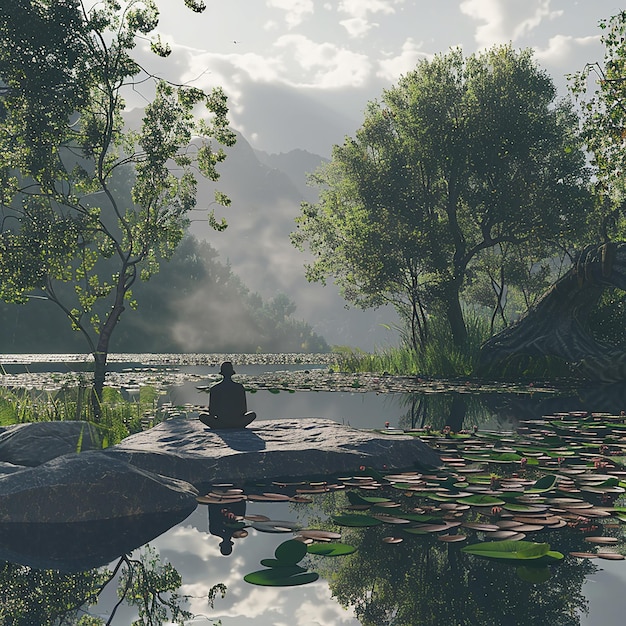 Photo a man sits on a rock in a pond with lily pads and trees in the background