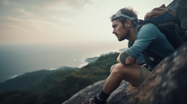 A man sits on a rock with a backpack and looks out over the ocean