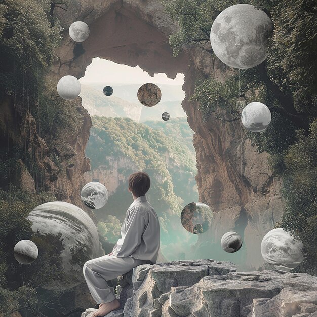 Photo a man sits on a rock with planets and stars above him