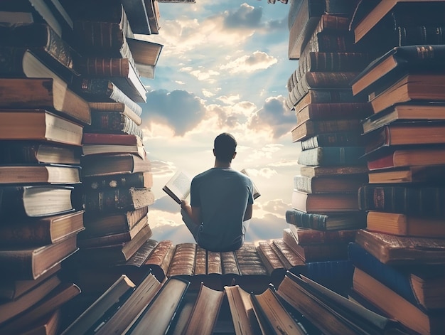 a man sits in a room full of books