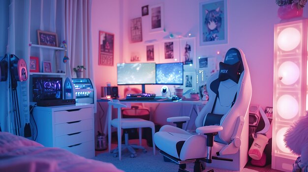 Photo a man sits in a room with a computer and a monitor with a purple light