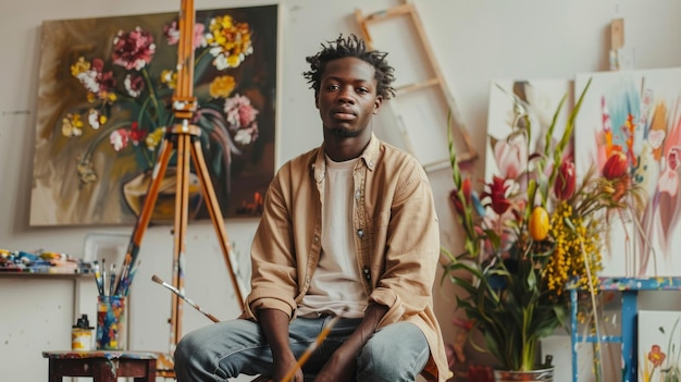 Photo a man sits in a room with paintings on the walls