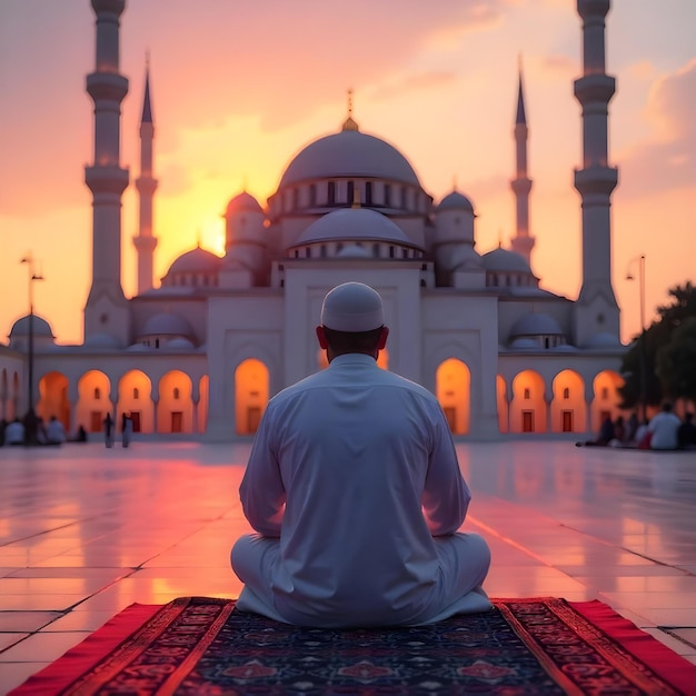 a man sits on a rug in front of a mosque