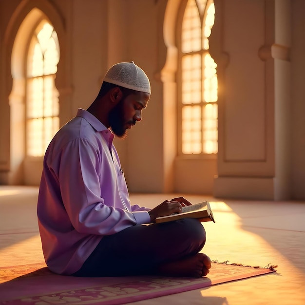 Photo a man sits on a rug and reads a book