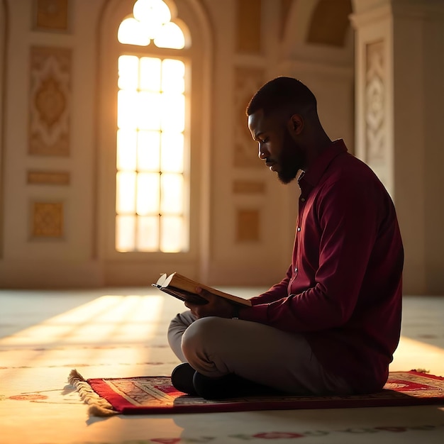 Photo a man sits on a rug and reads a book