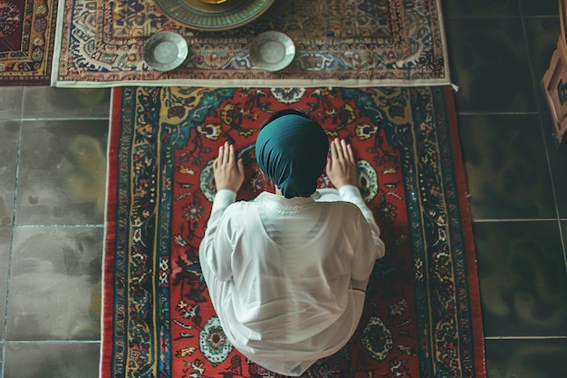 Photo a man sits on a rug with his hands on his knees