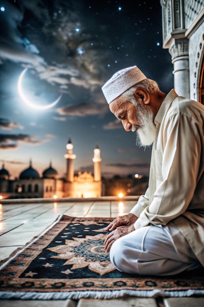 a man sits on a rug with a mosque in the background