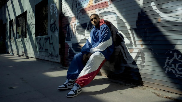 Photo a man sits on a sidewalk in front of a graffiti covered wall