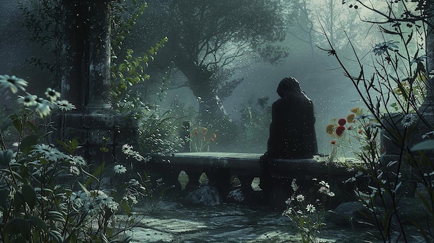 a man sits on a stone bench in a forest