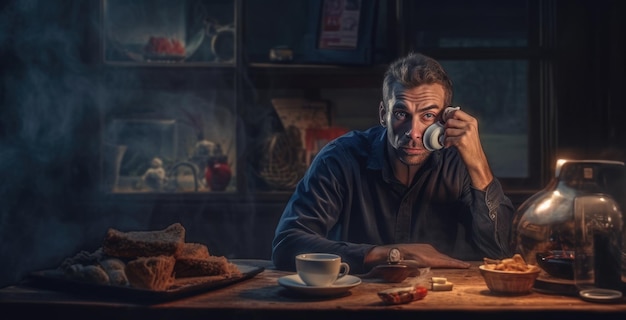 A man sits at a table in front of a table with a cup of coffee and a plate of bread.