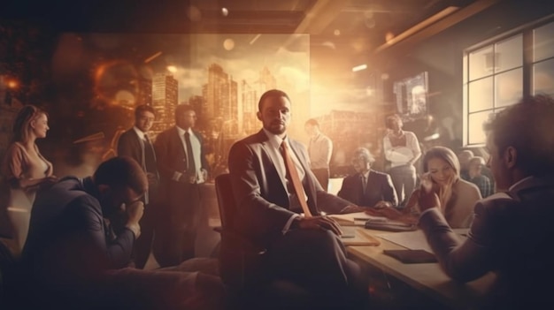 A man sits at a table in a meeting room with a large crowd of people.