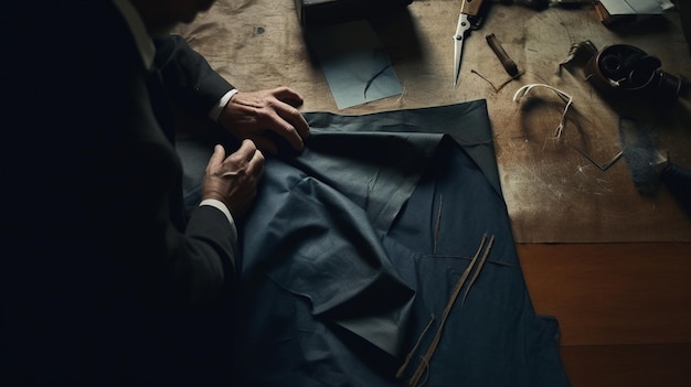 A man sits at a table, sewing a piece of fabric with a blue piece of cloth on it.