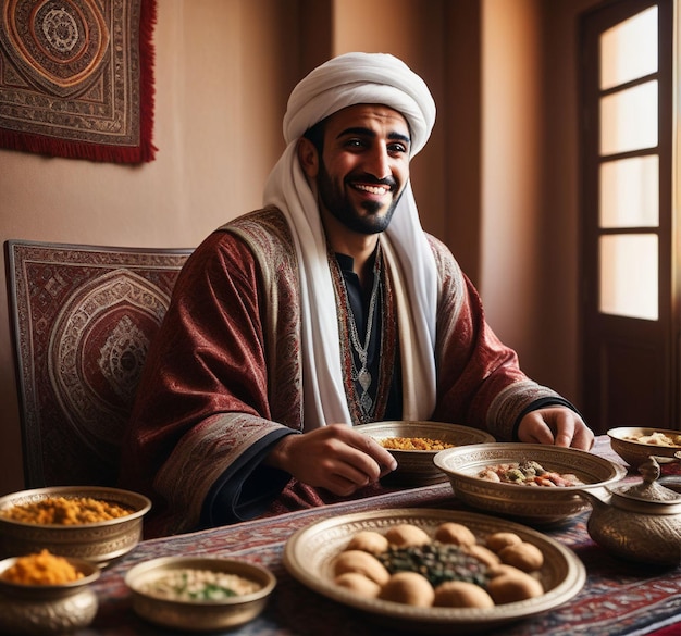 a man sits at a table with bowls of food and bowls of food