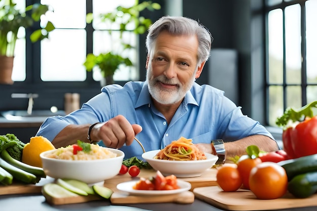 A man sits at a table with bowls of food and vegetables.