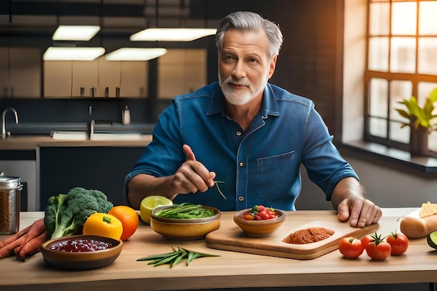 A man sits at a table with bowls of vegetables and fruits.