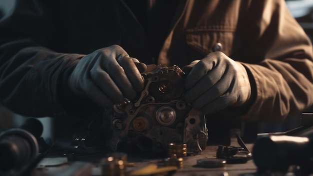 A man sits at a table with a clock in his hand and a bunch of gears on the left.