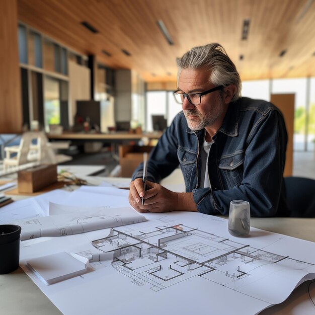 a man sits at a table with a drawing of a house on it