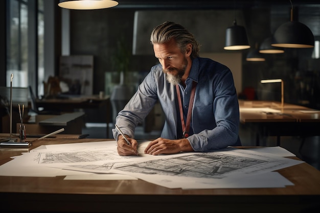 a man sits at a table with a drawing of a man in a blue shirt