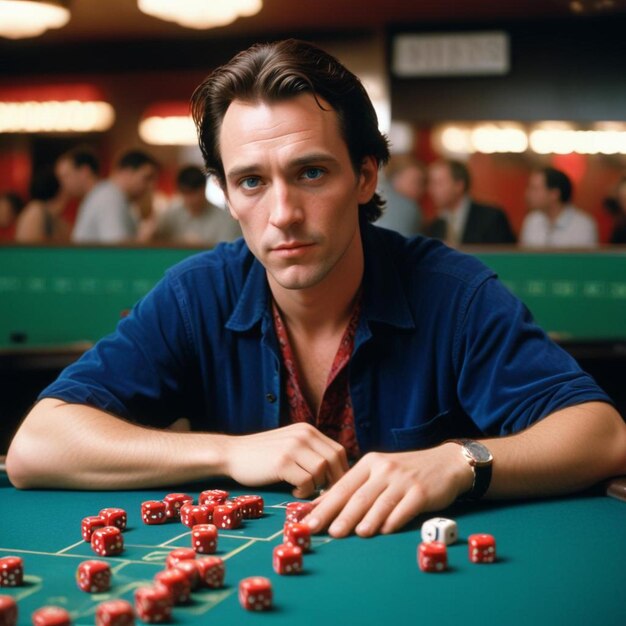 a man sits at a table with a green tablecloth