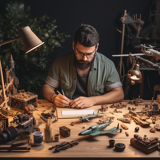 Photo a man sits at a table with a lamp and a lamp