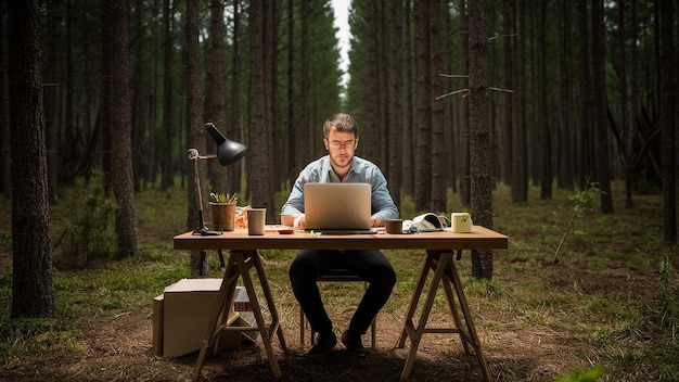 Photo a man sits at a table with a laptop and a box of coffee