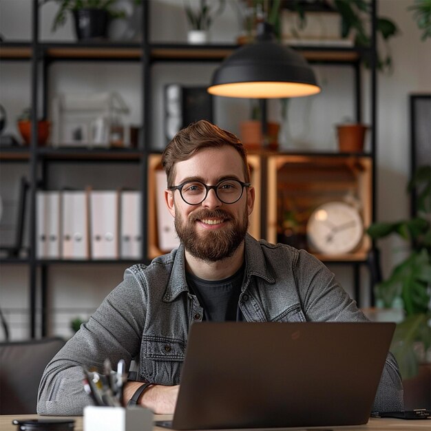 a man sits at a table with a laptop and a clock behind him