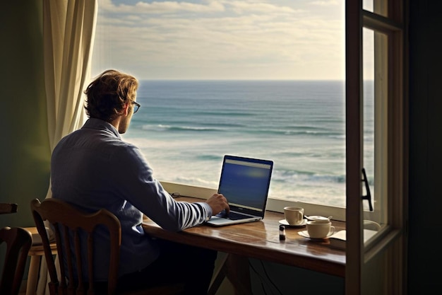 Photo a man sits at a table with a laptop and coffee mugs on the window sill.