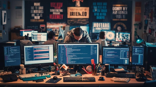 a man sits at a table with a laptop and a cup of coffee Ai generated