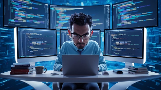 a man sits at a table with a laptop and a cup of coffee