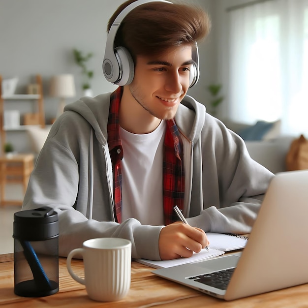 a man sits at a table with a laptop and a cup of coffee