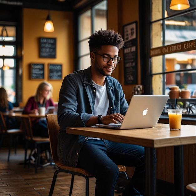 a man sits at a table with a laptop in front of him