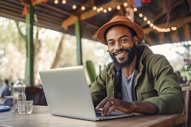 A man sits at a table with a laptop in front of him.