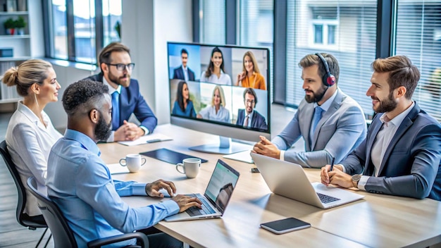 a man sits at a table with a laptop and a man with headphones on his head