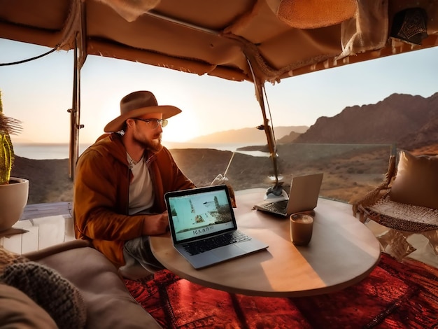 Photo a man sits at a table with a laptop and a mountain in the background