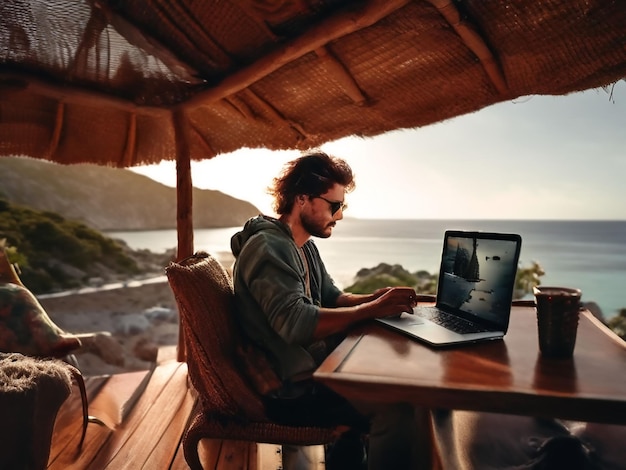 Photo a man sits at a table with a laptop and the ocean in the background