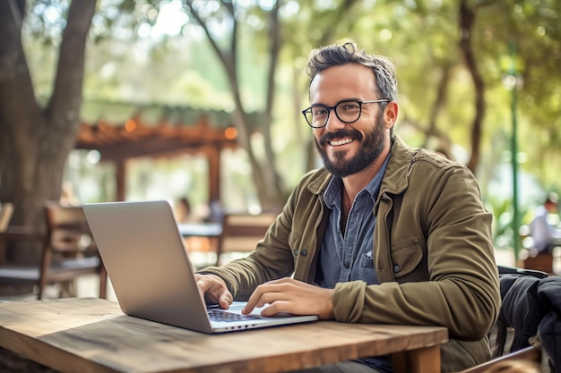 A man sits at a table with a laptop in a park.