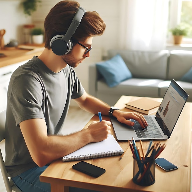 a man sits at a table with a laptop and a pen in his hand