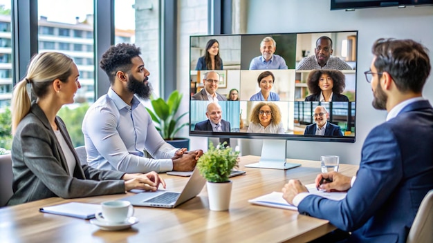 a man sits at a table with a laptop and a picture of a man with a man in a suit