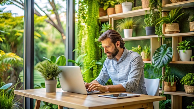 Photo a man sits at a table with a laptop and plants in the background